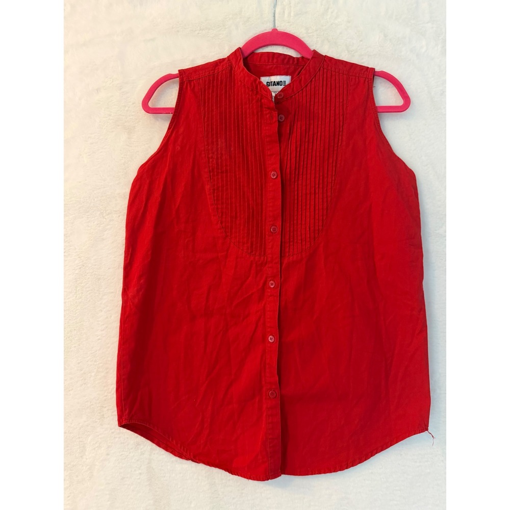 Gitano‎ Red Sleeveless Cotton Button Front Tuxedo Pleated Bib Top Small